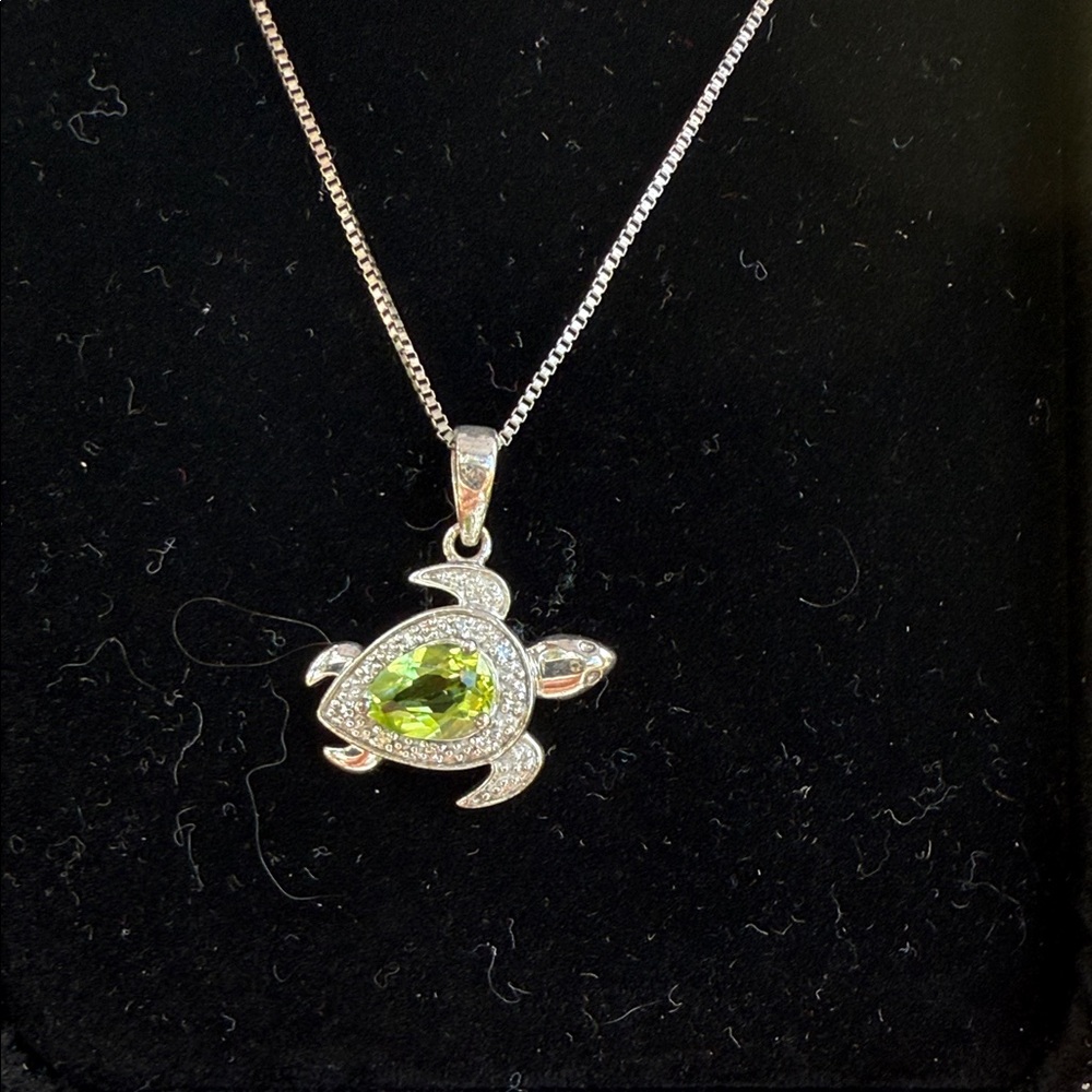 Silver Turtle Pendant Necklace with Green Gemstone